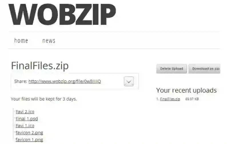WobZip permits users to decompress zipped any type of files online. 